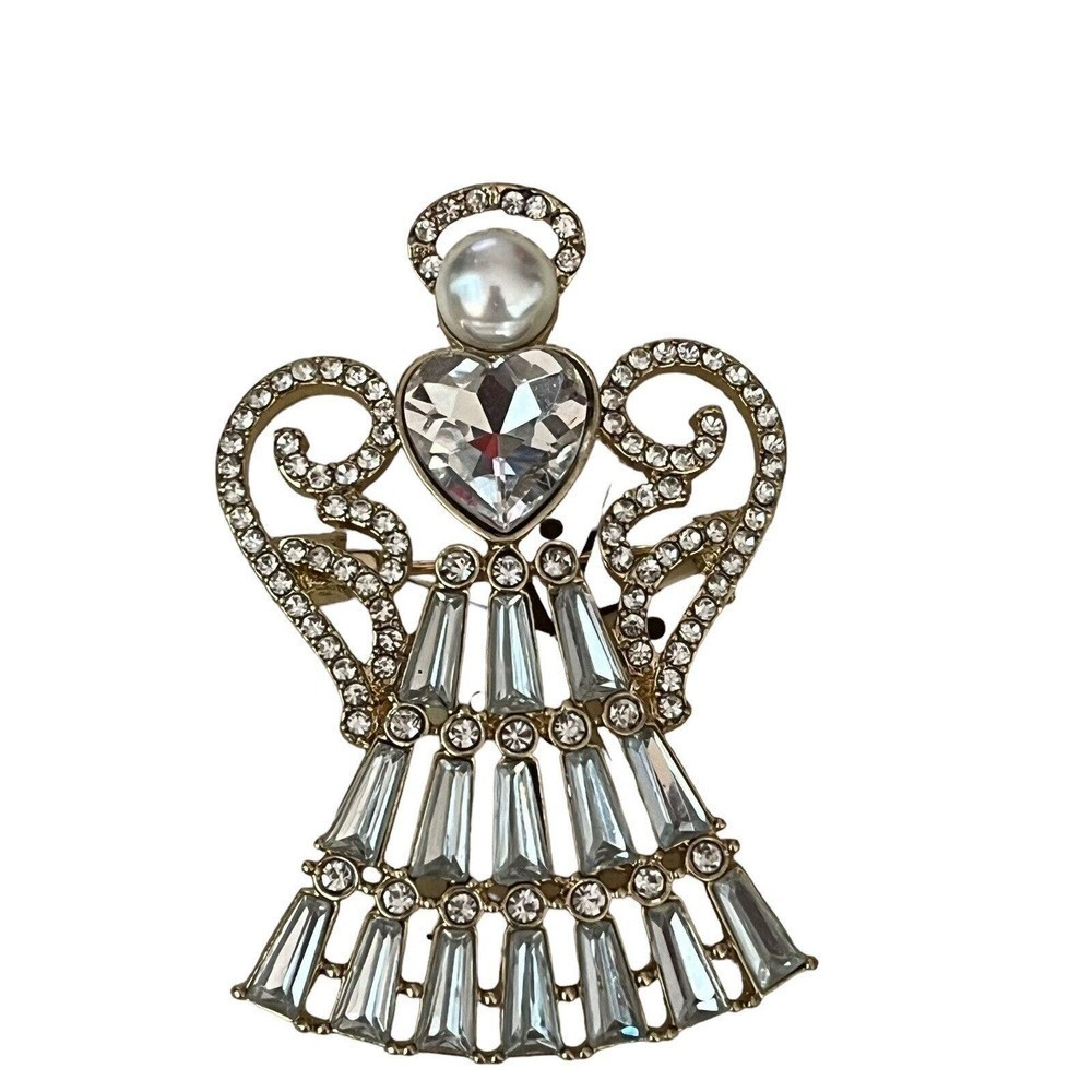 Napier Gold Tone Angel Brooch Pin Halo Heart Wings Faux Pearl Rhinestones NEW